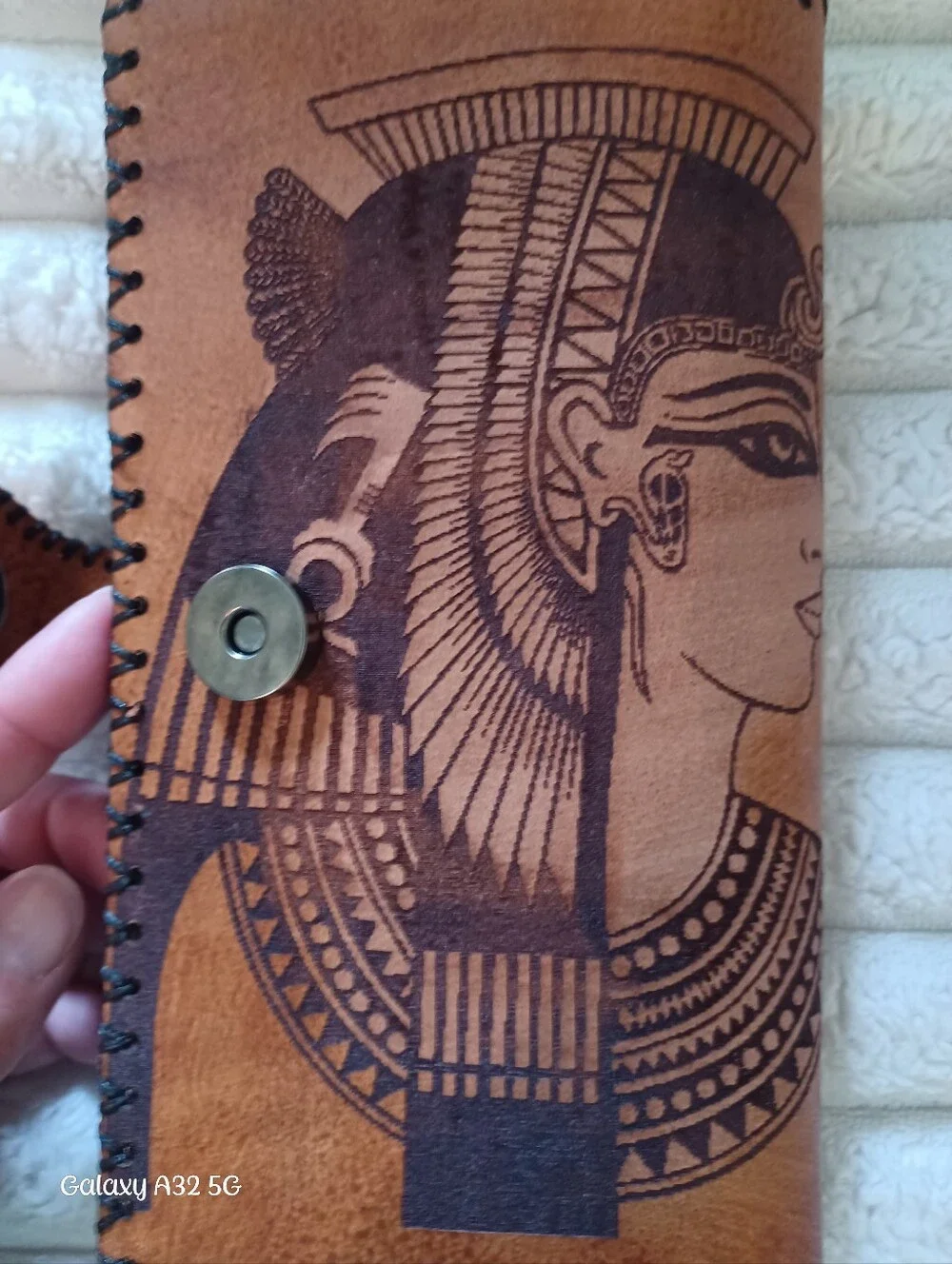 Hand-Tooled Egyptian Leather Wallet – Cleopatra Pyrography Trifold – Brand New
